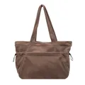 Bolso tote grande de pana marrón oscuro con cordones laterales y bolsillo frontal - Marrón