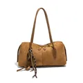 Sac à épaule en daim marron avec fermeture éclair et détail de gland au style minimaliste - Avec Pendentif / Marron