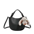 Black pebbled leather hobo bucket bag with cute grey bunny plush charm and long strap - Black With Pendant