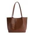 Minimalist large-capacity tote bag in deep brown PU leather with fine shoulder straps - Basic Style / Brown