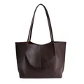 Minimalist large dark brown leather tote bag with glossy texture for daily commute - Basic Style / Coffee