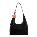 Zwarte leren hobo-tas met een schattige pluche beer-hanger en gestreepte kwast - Inclusief Beer Hanger En Binnentas / Zwart