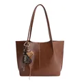 Dark brown tote bag in vintage style with leopard print charm and long shoulder straps - With Pendant / Brown