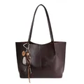 Minimalist large brown tote bag in glossy faux leather with a heart mirror charm - With Pendant / Coffee
