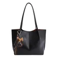 Black leather-textured tote bag with long straps and a leopard print heart charm - With Pendant / Black