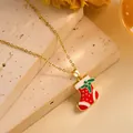 Macro detail of Christmas stocking pendant on a gold chain with red and green enamel coating - Gold - White Ring Red Sock