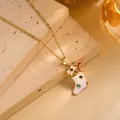 Detail of pink enamel Christmas stocking pendant with colorful rhinestones on a gold chain - Gold - White Sock Gift