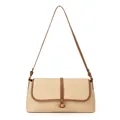 Sac baguette en cuir beige et marron avec texture grainée et logo G doré - Kaki
