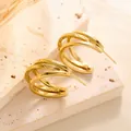 Detailed view of triple-layered gold C-shape earrings with geometric textured pattern - Lattice And Mirror Stitching Style (ED036) / Gold