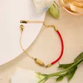Lucky red rope bracelet with gold bar pendant in stainless steel and sparkling crystals - Cubic Zirconia Gold Bar Red Rope Bracelet (SL5053J) / Gold