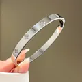 Detail van zilveren klaverarmband met micro-kristallen op gepolijst titanium staal - Staalkleur