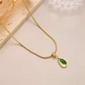 French style gold snake chain necklace with green teardrop stone on marble base - Green Teardrop Necklace / Gold