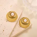 Macro shot of 18k gold pearl flower stud earrings on textured beige stone background - Round Striped Artificial Pearl Stud (ED083) / Gold