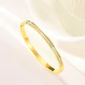 Macro detail of gold plated bangle featuring a row of square zirconia with side hinge clasp - Gold Single Row