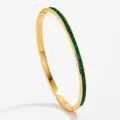 Detail view of gold bangle with square green gemstones and precision hinge clasp - Gold Single Row Green Zirconia
