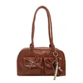 Brown glossy leather underarm bag with front bow pockets and wooden bead charm - Brown With Pendant