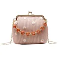 Borsa a tracolla rosa in paglia con ricamo a margherita e catena in metallo oro - Rosa