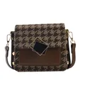 Fashionable houndstooth pattern square crossbody bag with brown leather and gold buckle - Houndstooth