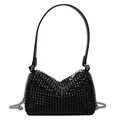 Fashionable black rhinestone cylinder handbag with leather strap and silver metal chain - Black