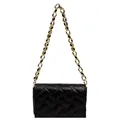 Quilted black leather handbag with chunky gold chain strap and woven texture - Black
