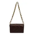 Deep brown quilted crossbody bag with stylish thick gold chain strap and textured leather finish - Coffee