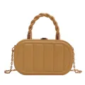 Beige quilted oval clutch bag with gold woven handle and chain shoulder strap - Yellow