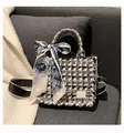 Classic black and white tweed tote bag with decorative silk scarf and wide strap - Black Small