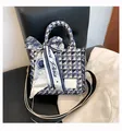 Blue and white houndstooth tote bag with a decorative silk scarf and wide strap - Blue Small
