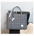 Blue and white plaid canvas tote bag featuring an elegant decorative silk scarf handle - Blue Large Turquoise