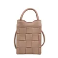 Pink woven leather mini square crossbody bag with a curved handle and strap - Khaki