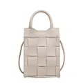 Beige woven crossbody square bag with top handle and fine grain texture leather - Beige