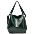 Large dark green faux leather tote bag with glossy texture and minimalist shoulder strap - Green