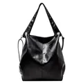 Large black PU leather tote bag with pleated texture and adjustable shoulder strap - Black