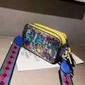 Graffiti printed camera bag with yellow top and colorful wide strap for daily style - Yellow