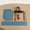 DIY handmade leather tote bag kit including light blue panels, straps and gold hardware - Material Kit / Blue