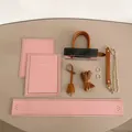 DIY handmade pink leather tote bag kit with brown handles and golden hardware components - Material Kit / Pink