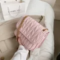 Chic light pink chevron quilted crossbody bag with golden chain strap for women - Pink