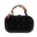 Elegant black woven handheld bag with silk scarf handle and silver chain strap - Black