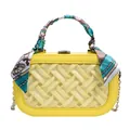 Yellow woven leather handbag with printed silk scarf handle and silver chain strap - Yellow