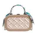 Elegant beige woven evening handbag with silk scarf handle and silver chain strap - Khaki