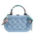 Light blue woven satin handbag with patterned silk scarf handle and silver chain - Blue
