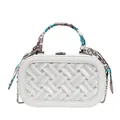 White woven leather handbag with silk scarf handle and silver chain strap for women - Off-white