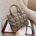 Minimalist taupe quilted square handbag with chunky decorative chain and top handle - Light Gray