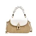 Zomerse strooien handtas voor dames met witte flap en geplooide handgreep - Wit