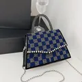 Luxuriöse Strass-Handtasche mit Karomuster, Metallkette und elegantem Griff - Blau Kariert