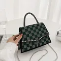 Funkelnde grün-silberne Strass-Handtasche mit Karomuster und Metallkugelkette - Grün Karriert