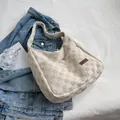 Creamy white checkered hobo shoulder bag with textured fabric and fashion logo - Off White
