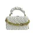 White quilted texture lady handbag with chunky gold chain handle and woven detail - White