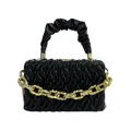 Quilted black PU leather handbag with ruched handle and decorative gold chain accent - Black