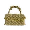 Quilted gold shoulder bag with ruched handle and chunky metal chain decoration - Gold